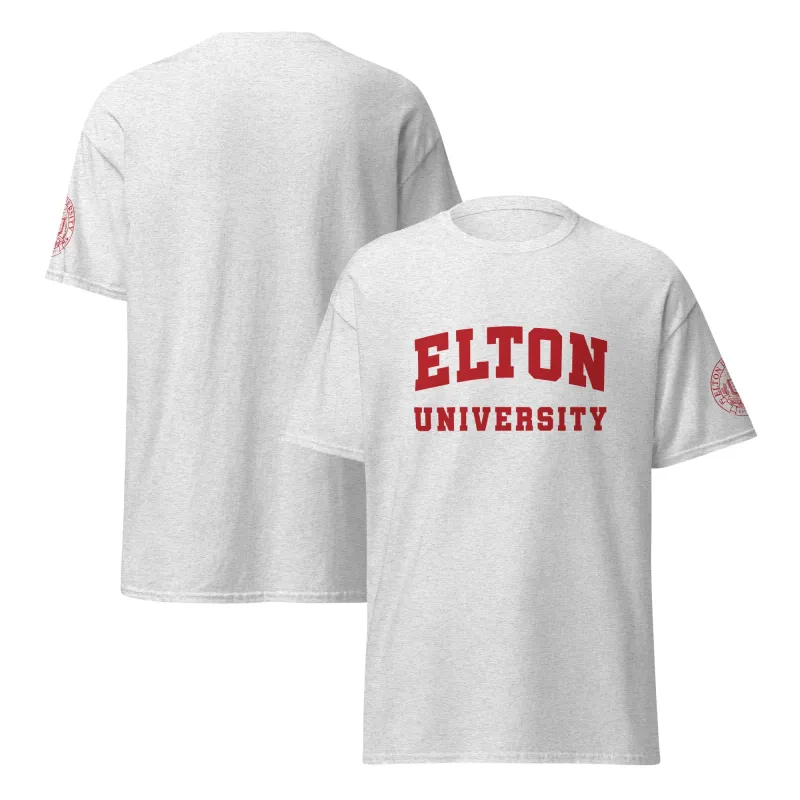 Front and back of a heather gray Elton University t-shirt with red lettering and a seal on the sleeve